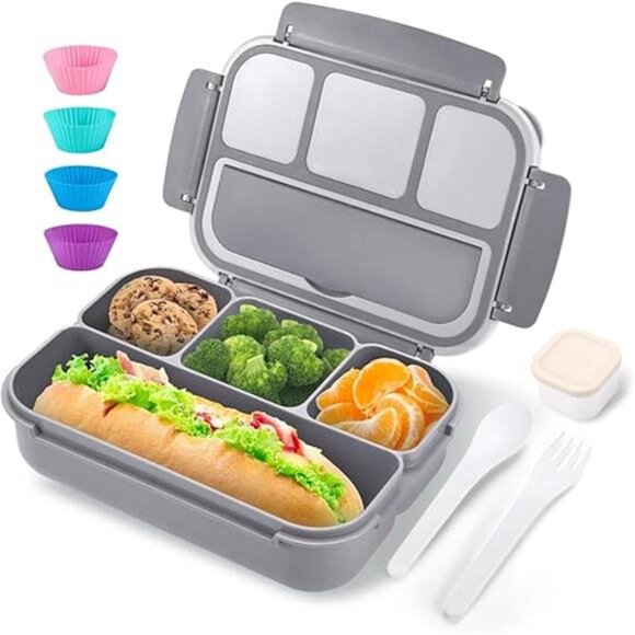 Adult & Kids Bento Lunch Box -4-Compartment Meal Container‎ with Utensils, Gray - Picture 8 of 8